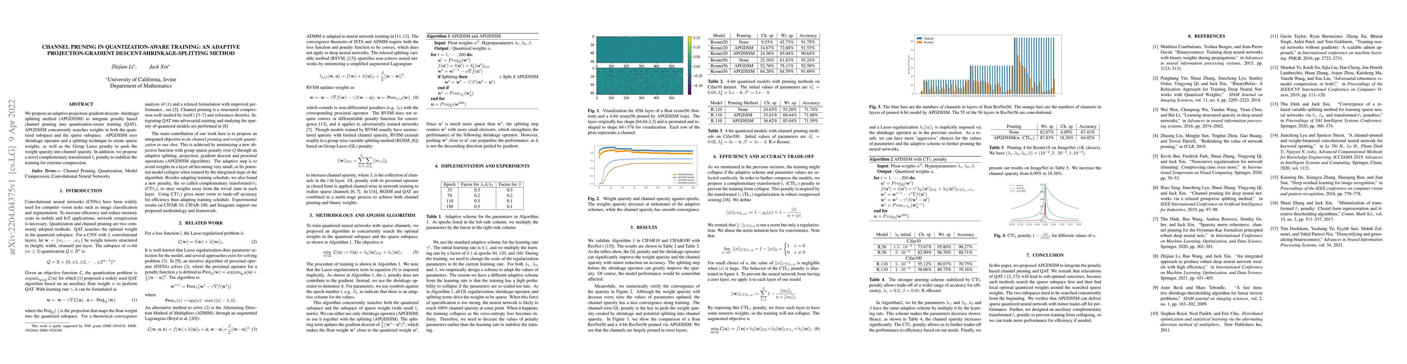 Thumbnail for Channel Pruning In Quantization-aware Training: An Adaptive
  Projection-gradient Descent-shrinkage-splitting Method