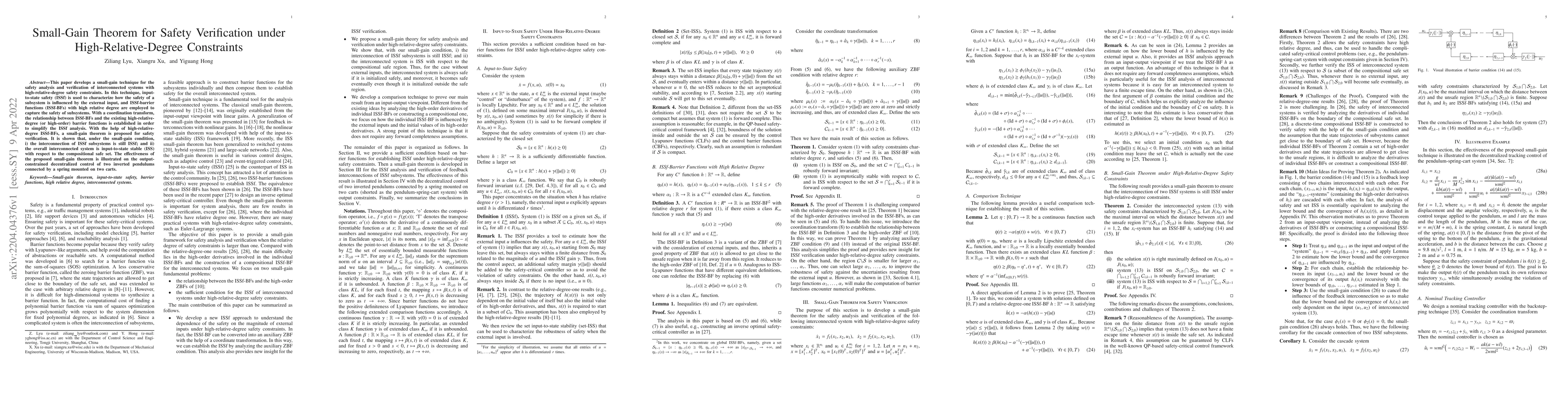 Thumbnail for Small-Gain Theorem for Safety Verification under High-Relative-Degree
  Constraints