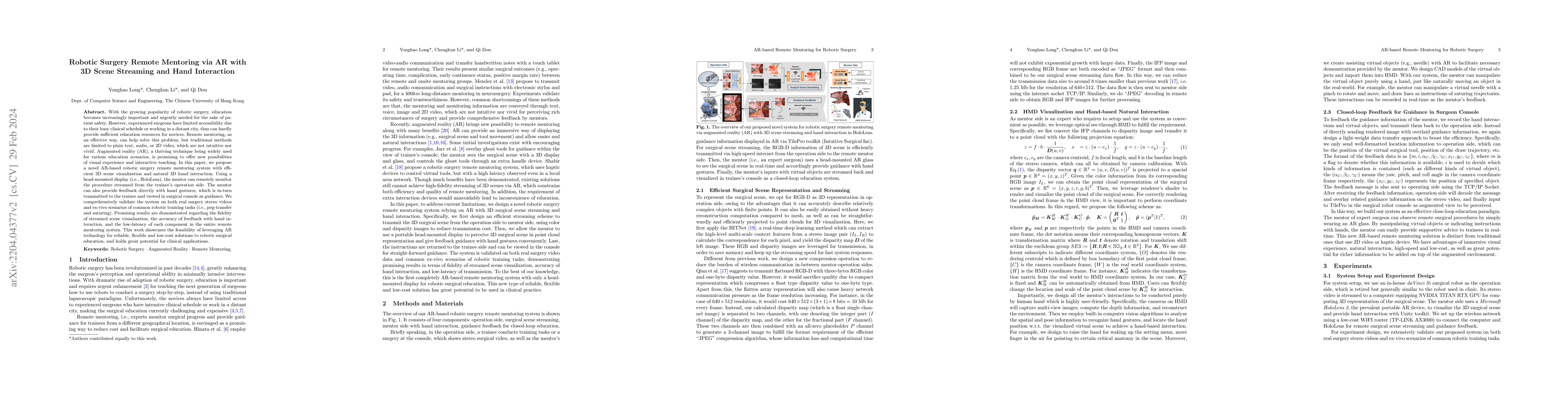 Thumbnail for Robotic Surgery Remote Mentoring via AR with 3D Scene Streaming and Hand
  Interaction