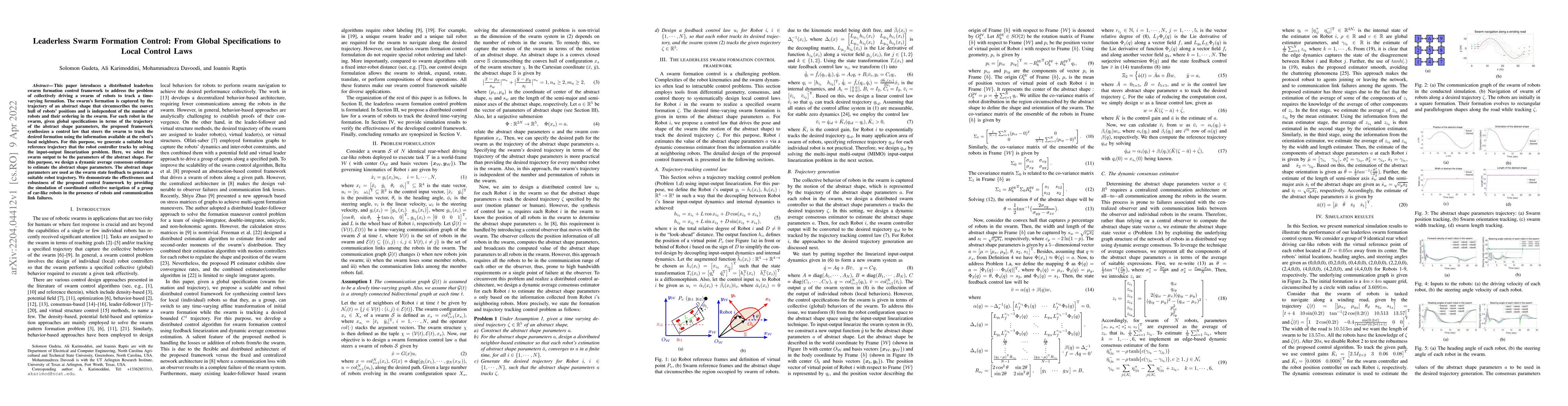 Thumbnail for Leaderless Swarm Formation Control: From Global Specifications to Local
  Control Laws
