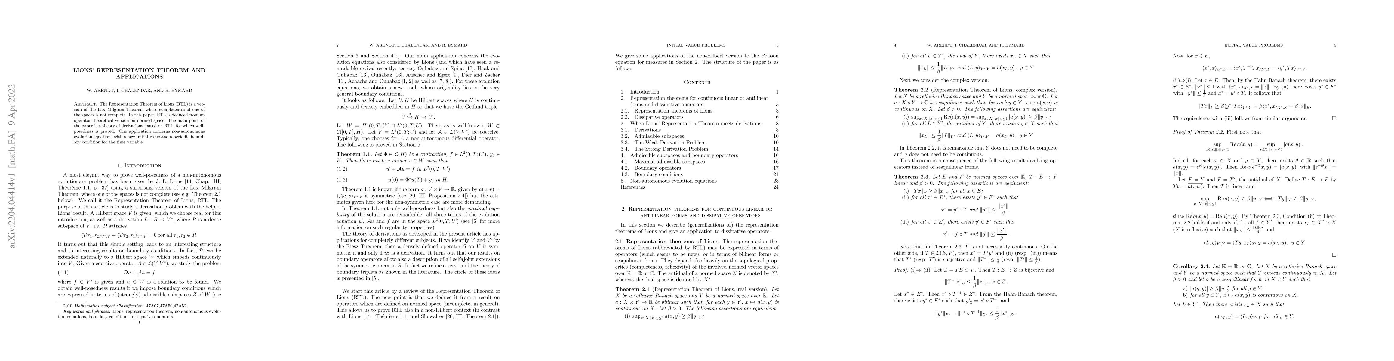 Thumbnail for Lions' representation theorem and applications