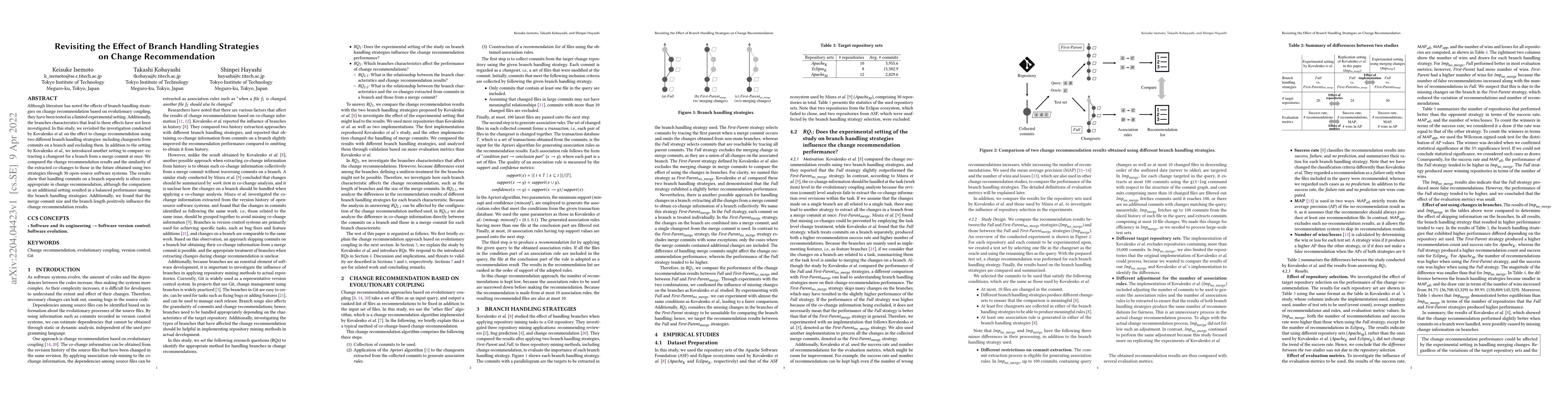 Thumbnail for Revisiting the Effect of Branch Handling Strategies on Change
  Recommendation