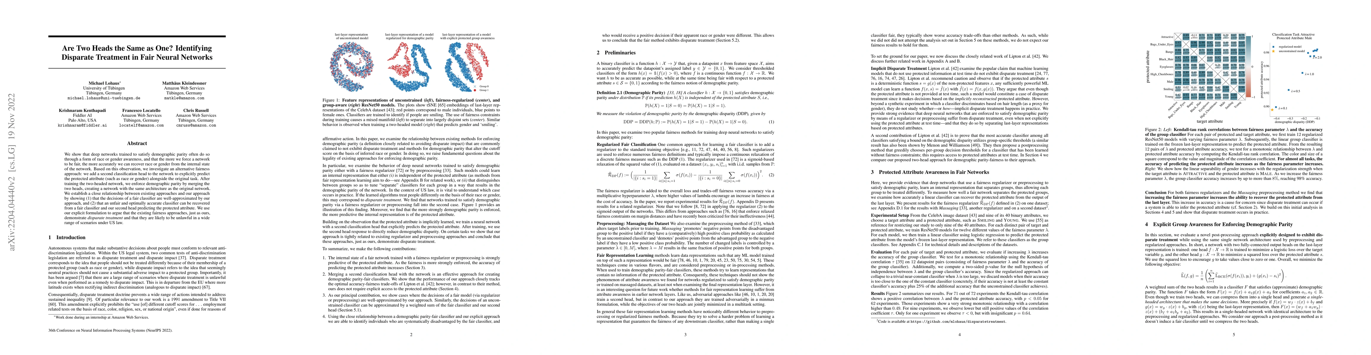 Thumbnail for Are Two Heads the Same as One? Identifying Disparate Treatment in Fair
  Neural Networks