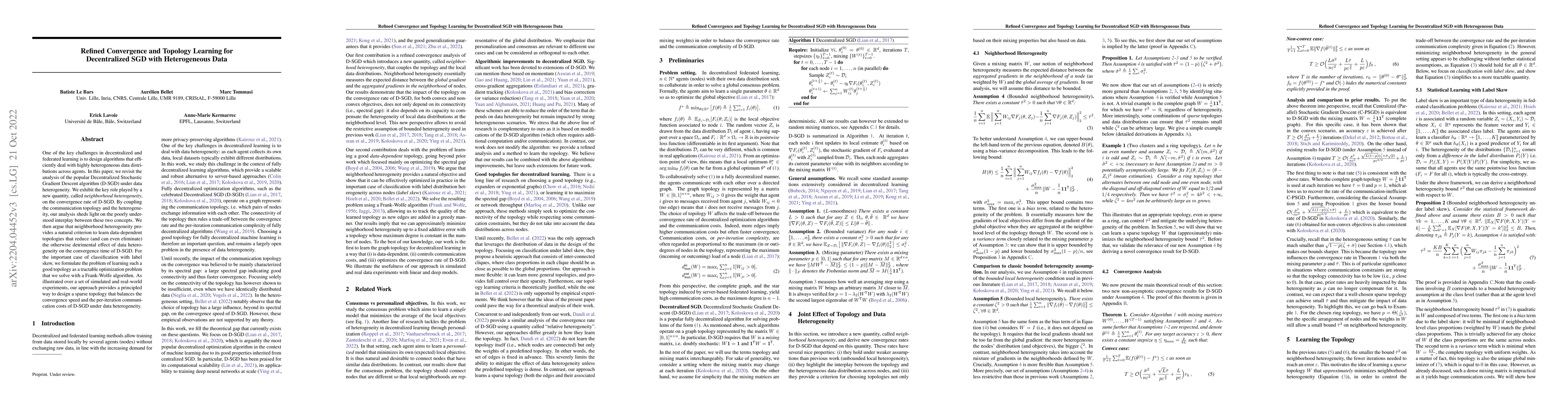 Thumbnail for Refined Convergence and Topology Learning for Decentralized SGD with
  Heterogeneous Data