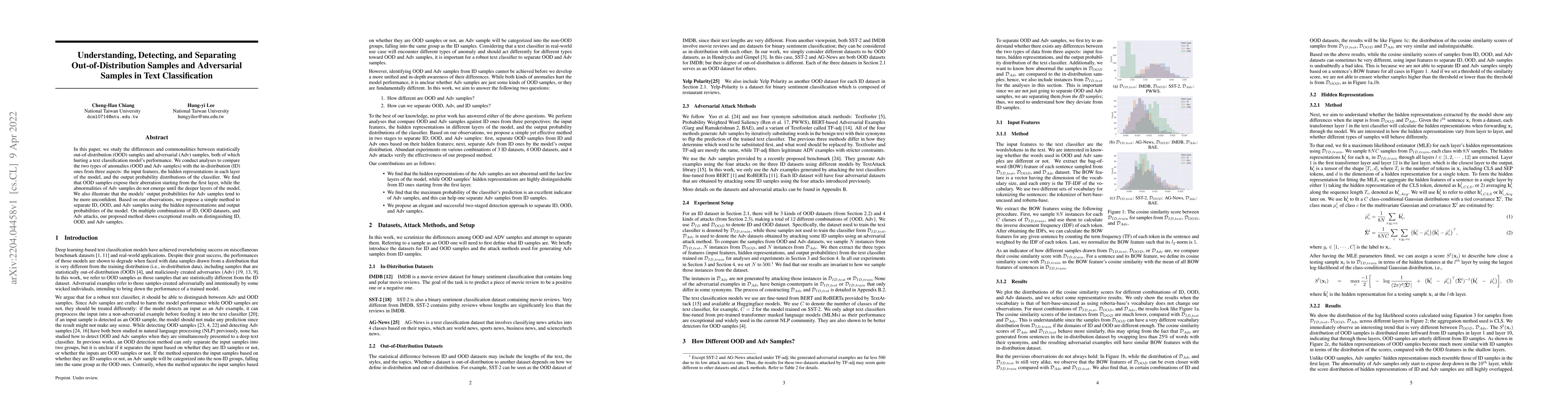 Thumbnail for Understanding, Detecting, and Separating Out-of-Distribution Samples and
  Adversarial Samples in Text Classification