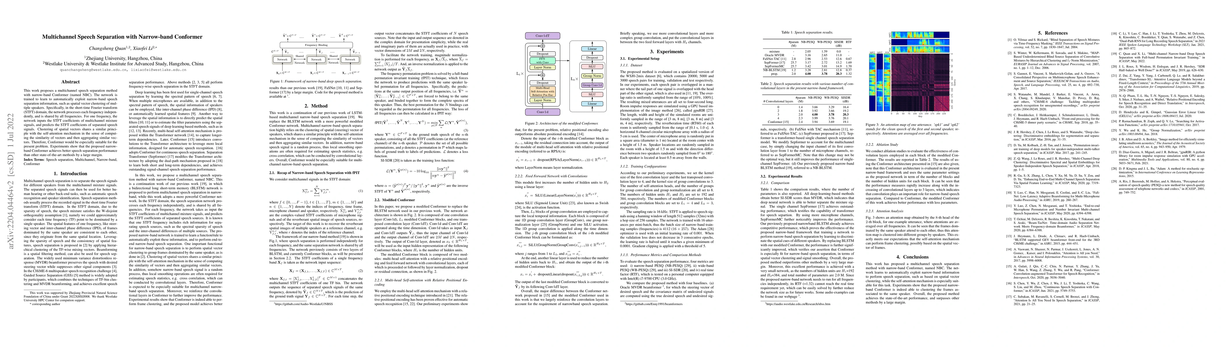 Thumbnail for Multichannel Speech Separation with Narrow-band Conformer