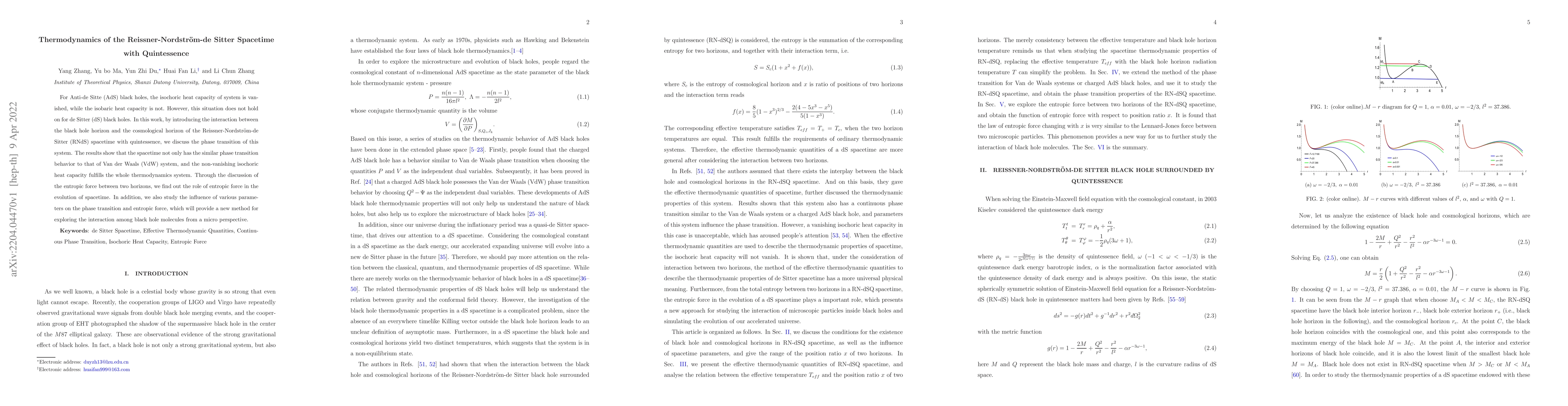 Thumbnail for Thermodynamics of the Reissner-Nordstr\"om-de Sitter Spacetime with
  Quintessence