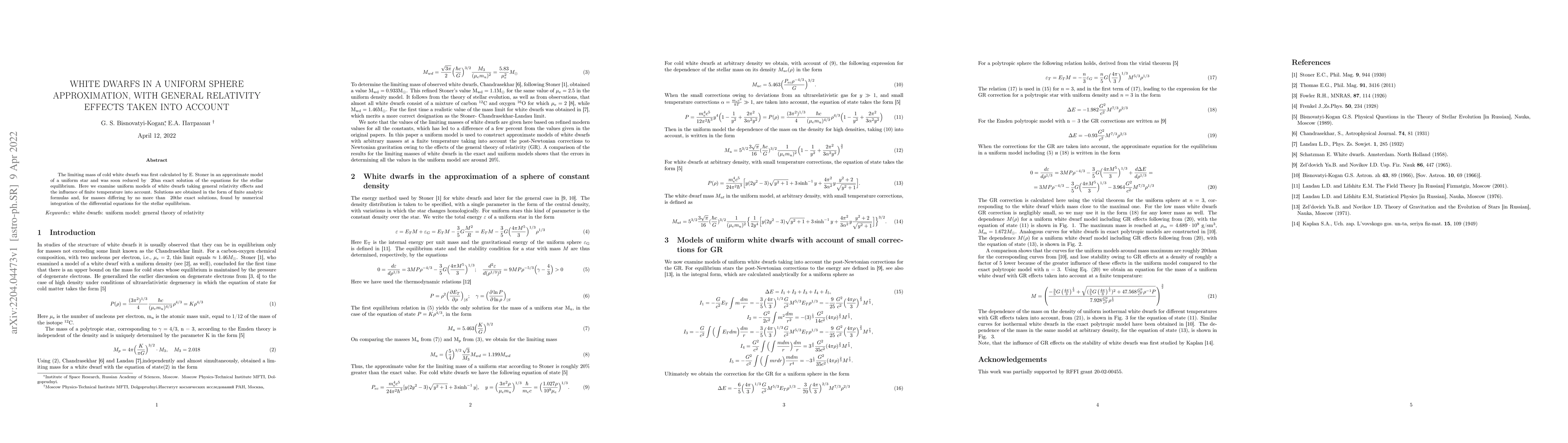 Thumbnail for White dwarfs in a uniform sphere approximation, with general relativity
  effects taken into account
