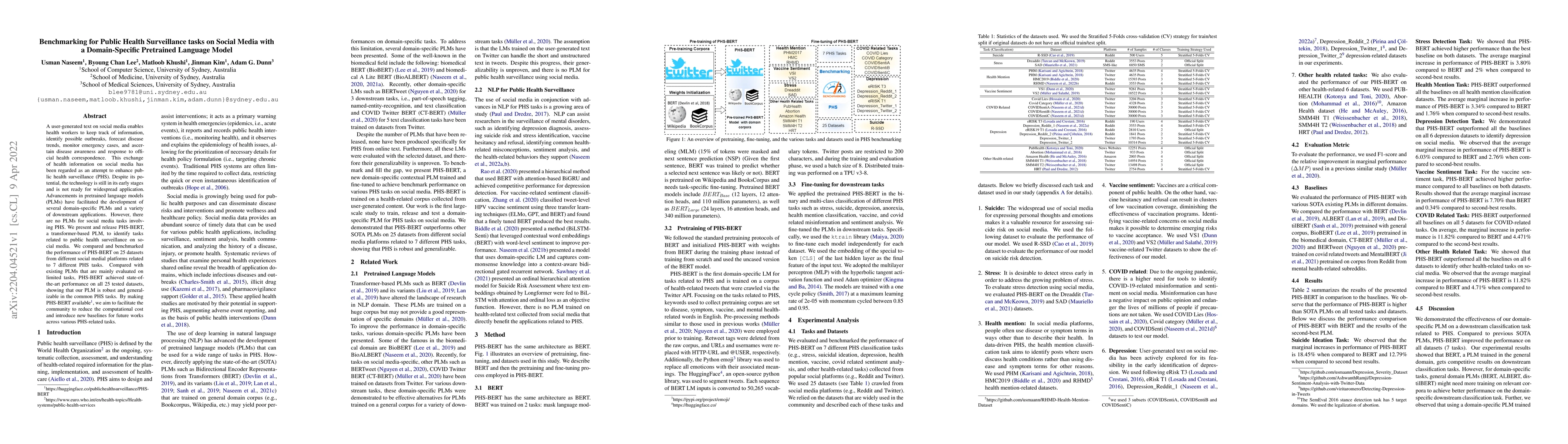 Thumbnail for Benchmarking for Public Health Surveillance tasks on Social Media with a
  Domain-Specific Pretrained Language Model
