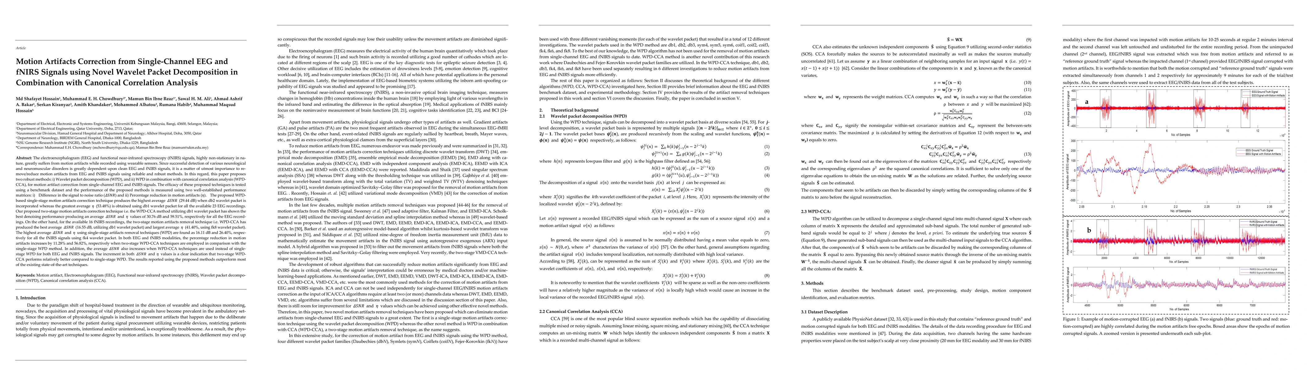 Thumbnail for Motion Artifacts Correction from Single-Channel EEG and fNIRS Signals
  using Novel Wavelet Packet Decomposition in Combination with Canonical
  Correlation Analysis