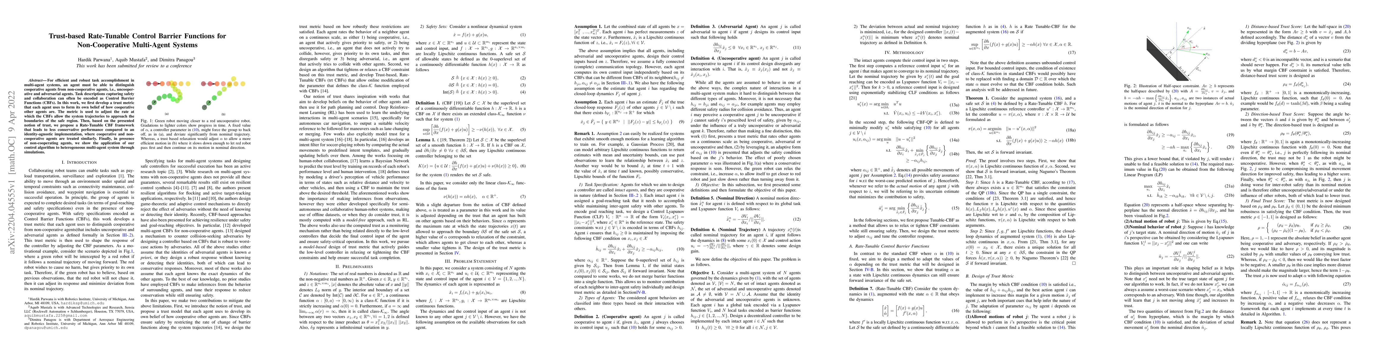 Thumbnail for Trust-based Rate-Tunable Control Barrier Functions for Non-Cooperative
  Multi-Agent Systems