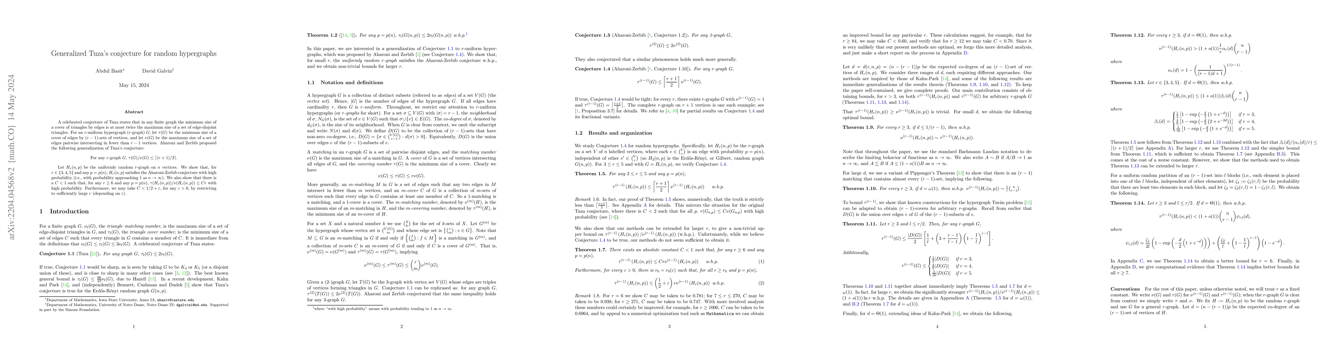 Thumbnail for Generalized Tuza's conjecture for random hypergraphs