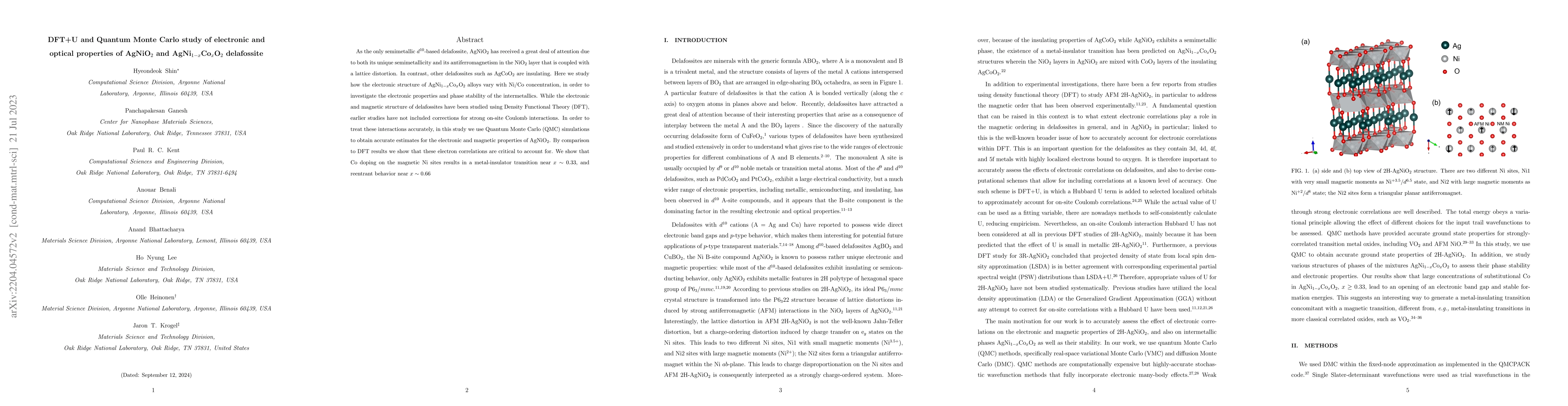 Thumbnail for DFT+U and Quantum Monte Carlo study of electronic and optical properties
  of AgNiO$_2$ and AgNi$_{1-x}$Co$_{x}$O$_2$ delafossite