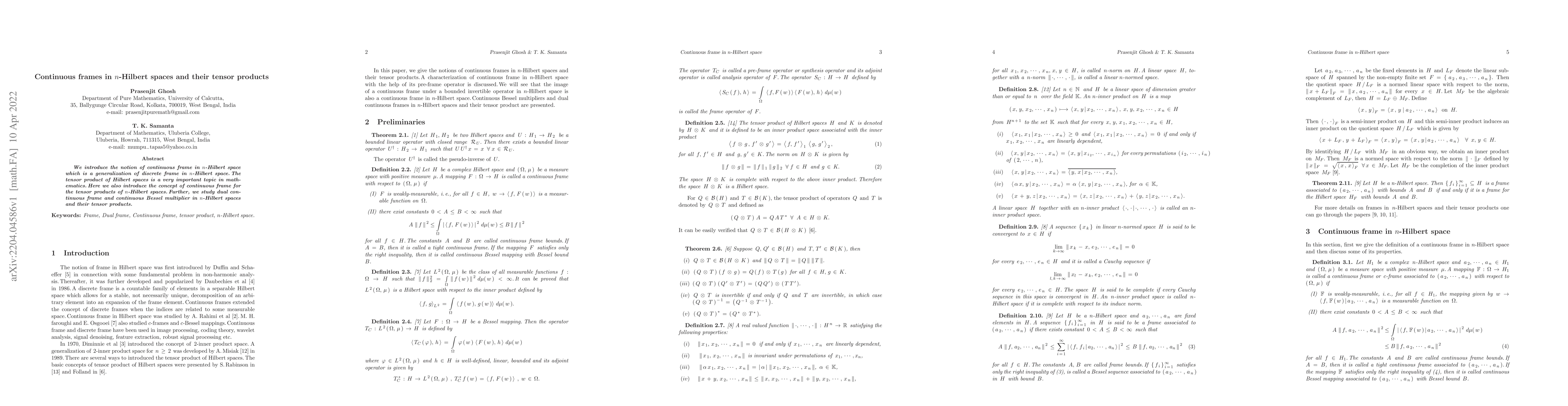Thumbnail for Continuous frames in n-Hilbert spaces and their tensor products