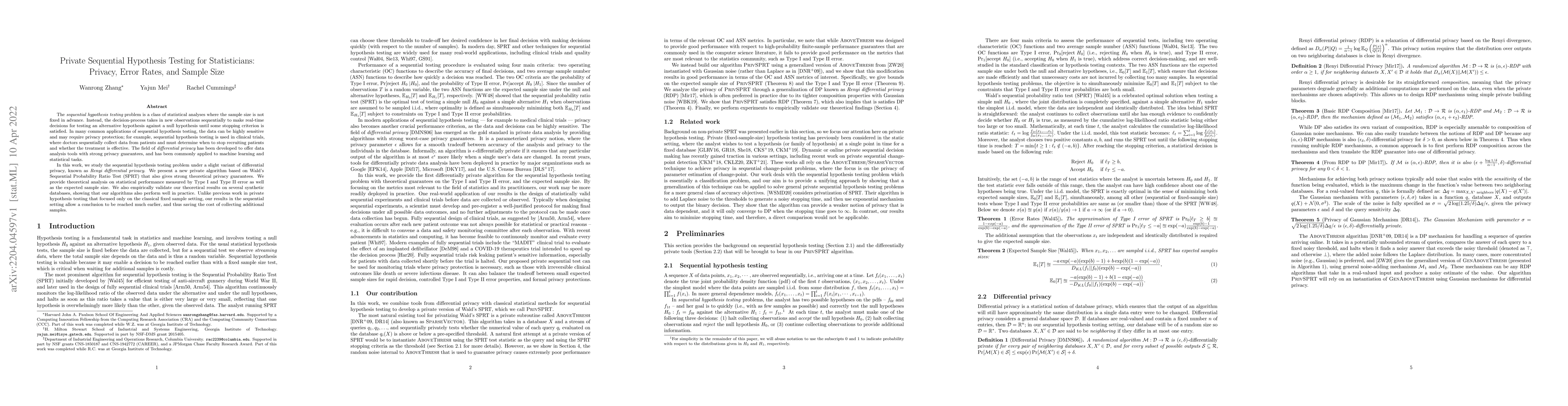 Thumbnail for Private Sequential Hypothesis Testing for Statisticians: Privacy, Error
  Rates, and Sample Size