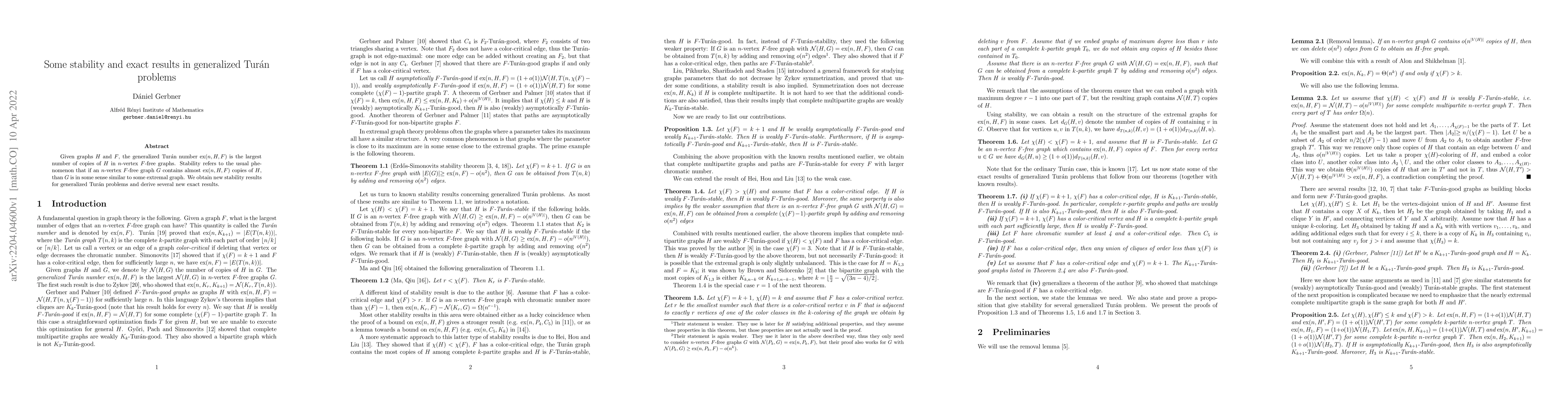 Thumbnail for Some stability and exact results in generalized Tur\'an problems