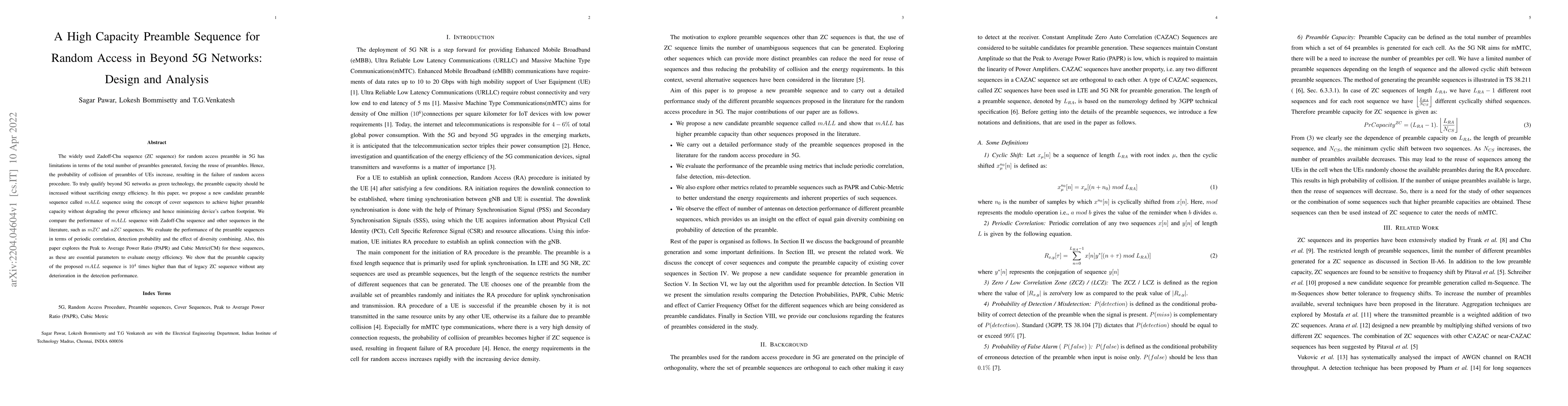 Thumbnail for A High Capacity Preamble Sequence for Random Access in Beyond 5G
  Networks: Design and Analysis