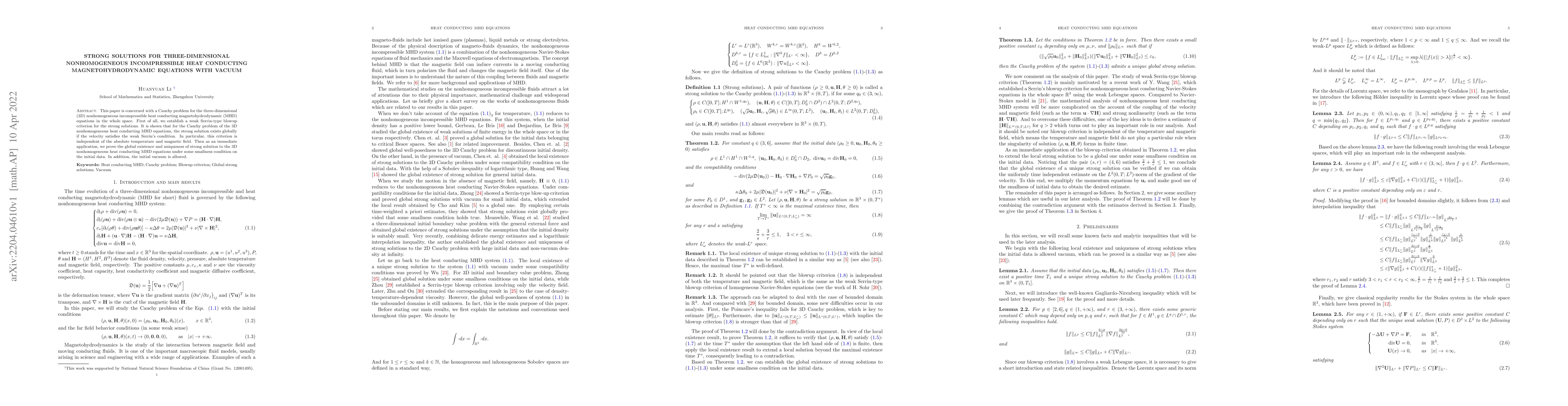 Thumbnail for Strong Solutions for Three-dimensional Nonhomogeneous Incompressible
  Heat Conducting Magnetohydrodynamic Equations with Vacuum