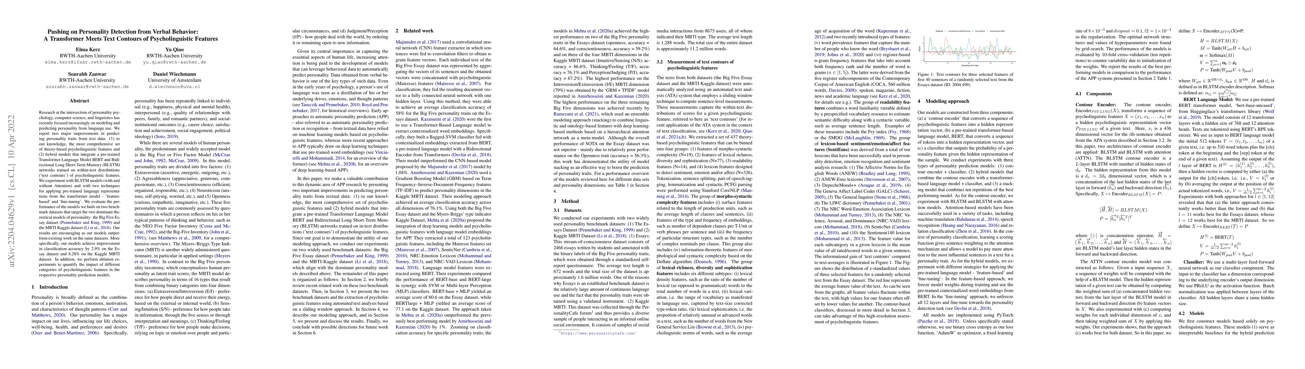 Thumbnail for Pushing on Personality Detection from Verbal Behavior: A Transformer
  Meets Text Contours of Psycholinguistic Features