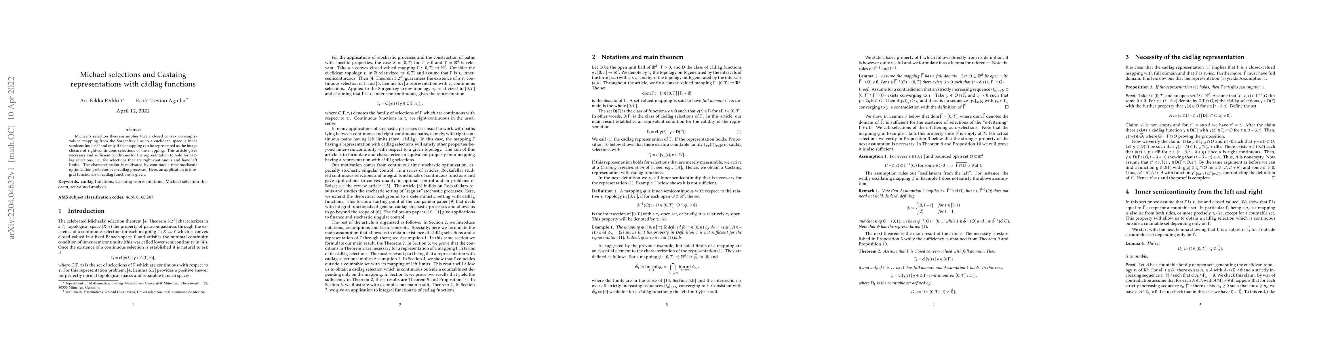 Thumbnail for Michael selections and Castaing representations with cadlag functions