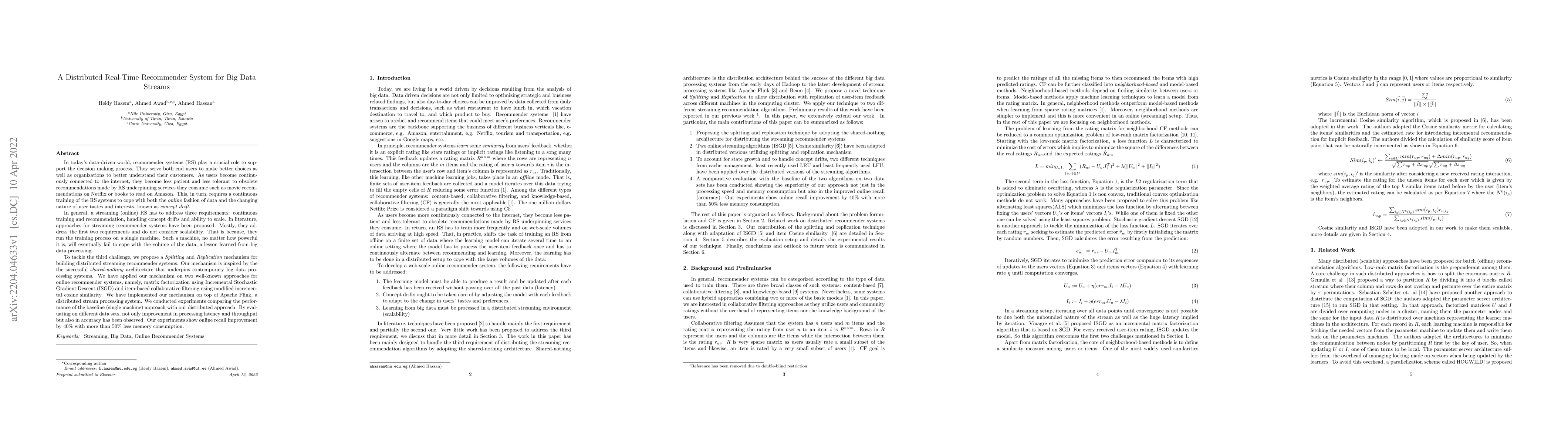 Thumbnail for A Distributed Real-Time Recommender System for Big Data Streams