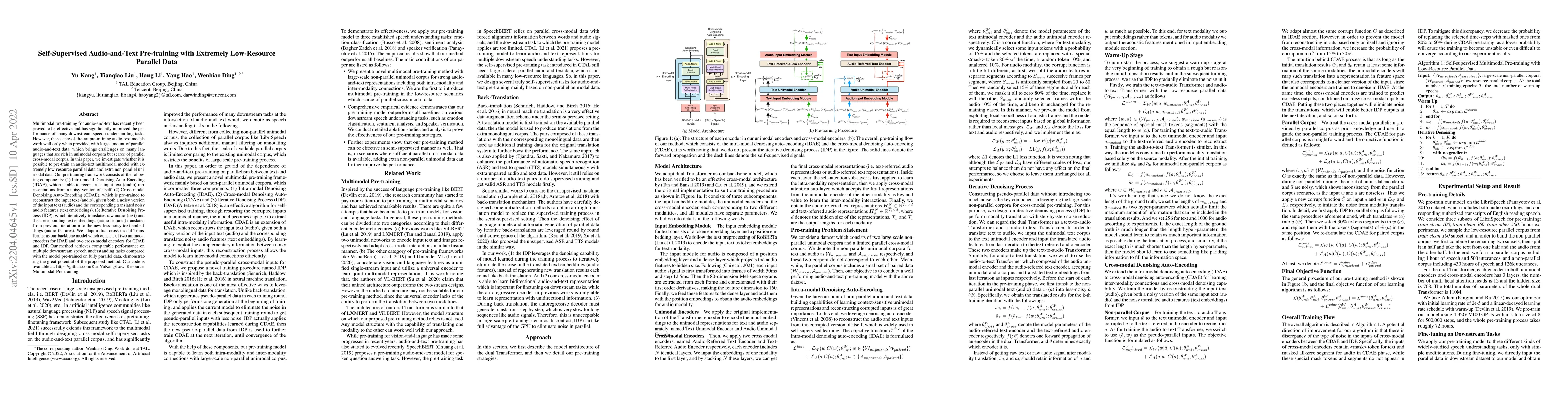 Thumbnail for Self-Supervised Audio-and-Text Pre-training with Extremely Low-Resource
  Parallel Data