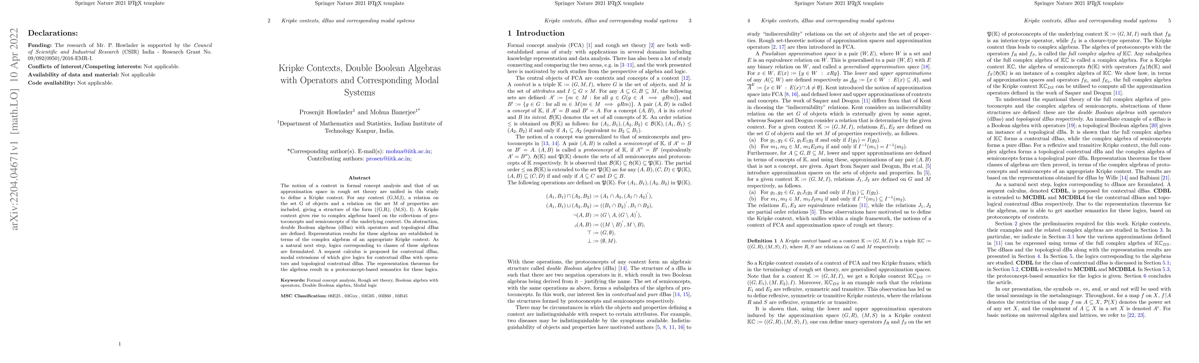 Thumbnail for Kripke Contexts, Double Boolean Algebras with Operators and
  Corresponding Modal Systems