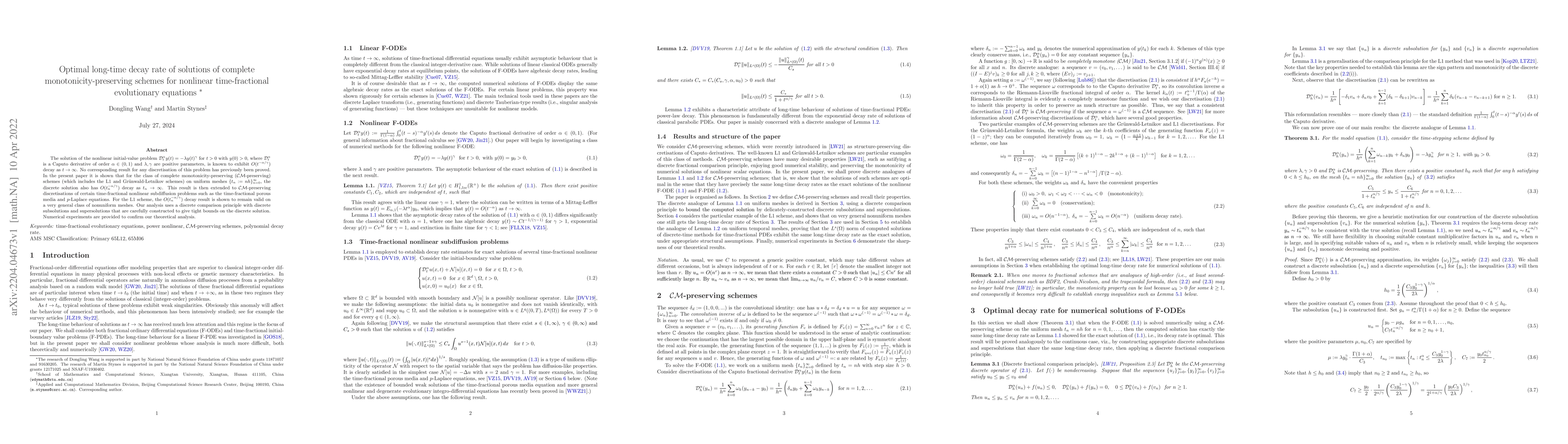 Thumbnail for Optimal long-time decay rate of solutions of complete
  monotonicity-preserving schemes for nonlinear time-fractional evolutionary
  equations