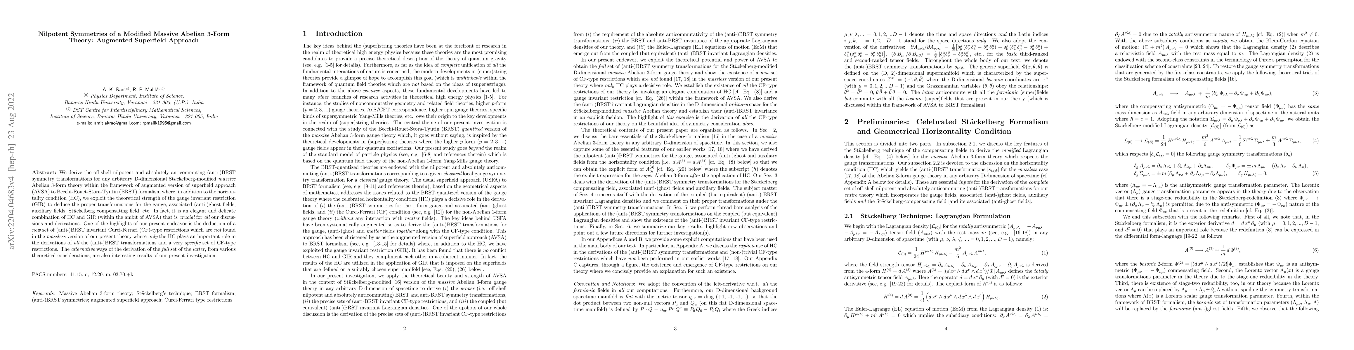 Thumbnail for Nilpotent Symmetries of a Modified Massive Abelian 3-Form Theory:
  Augmented Superfield Approach
