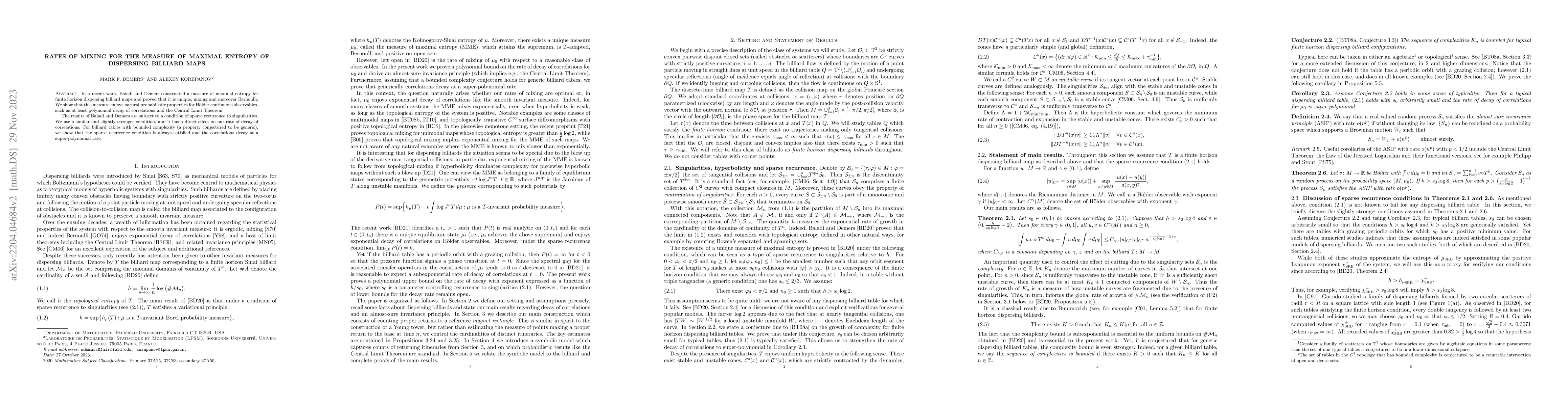 Thumbnail for Rates of mixing for the measure of maximal entropy of dispersing
  billiard maps