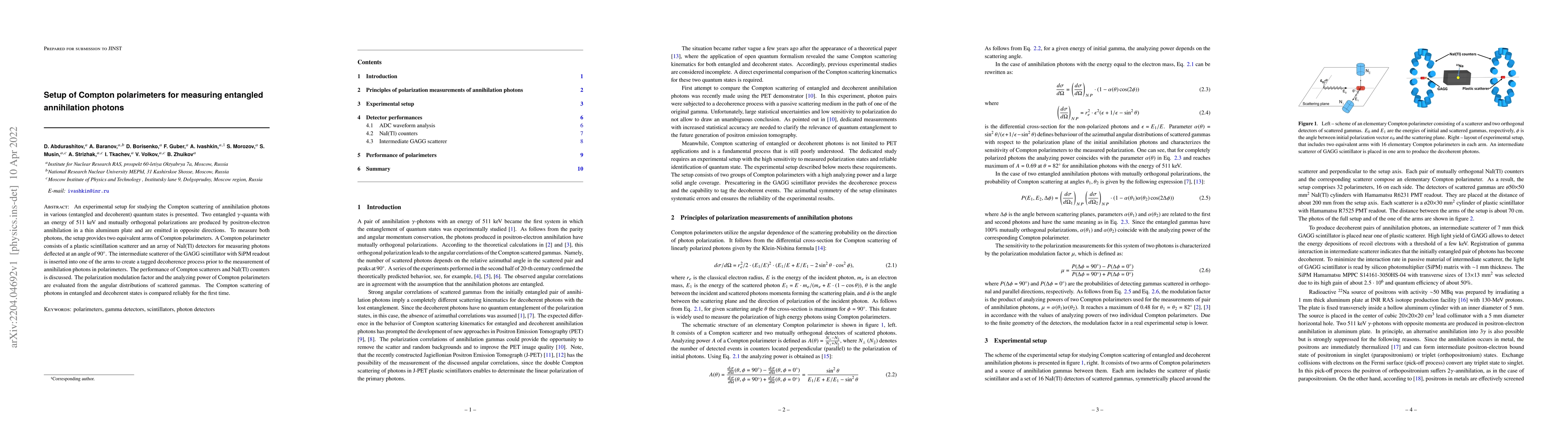 Thumbnail for Setup of Compton polarimeters for measuring entangled annihilation
  photons