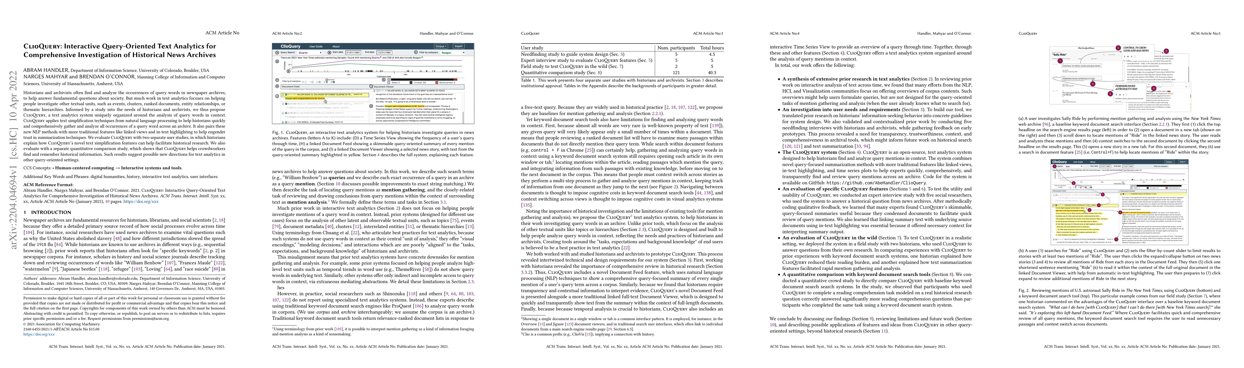 Thumbnail for ClioQuery: Interactive Query-Oriented Text Analytics for Comprehensive
  Investigation of Historical News Archives