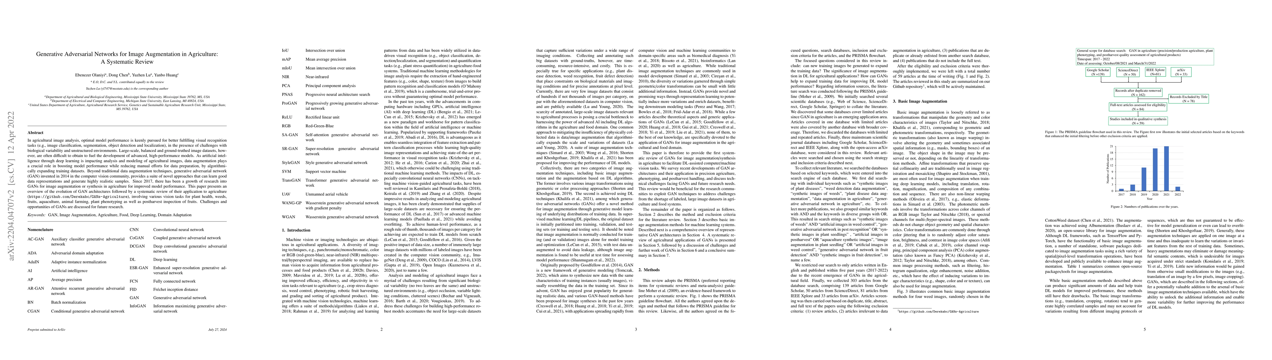 Thumbnail for Generative Adversarial Networks for Image Augmentation in Agriculture: A
  Systematic Review