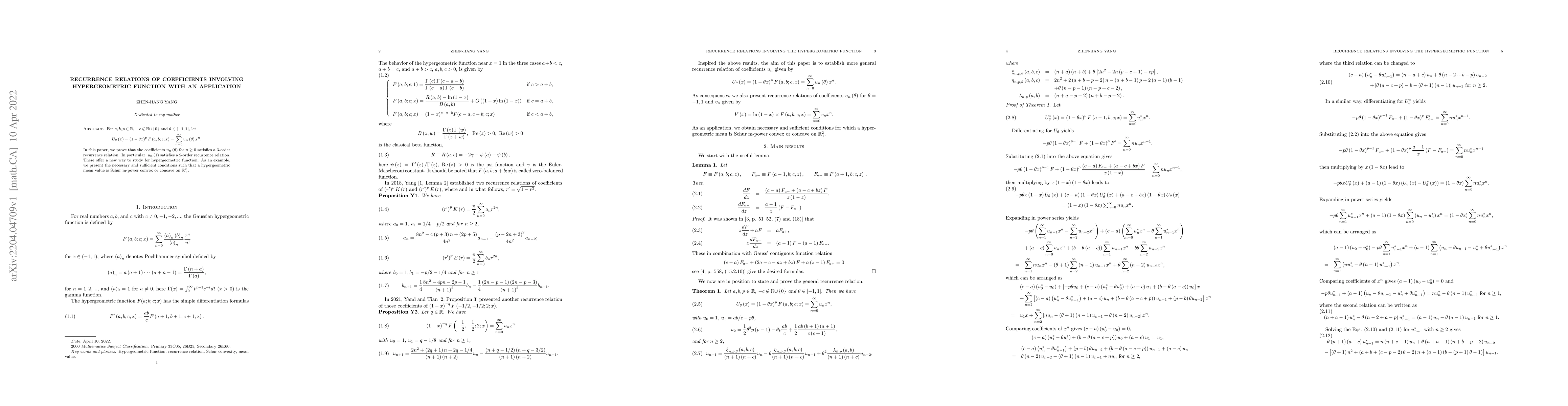 Thumbnail for Recurrence relations of coefficients involving hypergeometric function
  with an application