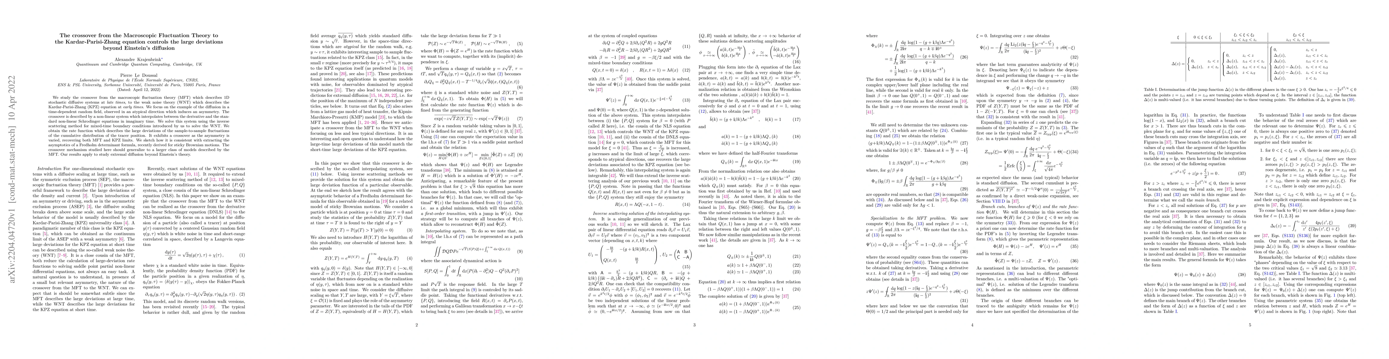 Thumbnail for The crossover from the Macroscopic Fluctuation Theory to the
  Kardar-Parisi-Zhang equation controls the large deviations beyond Einstein's
  diffusion