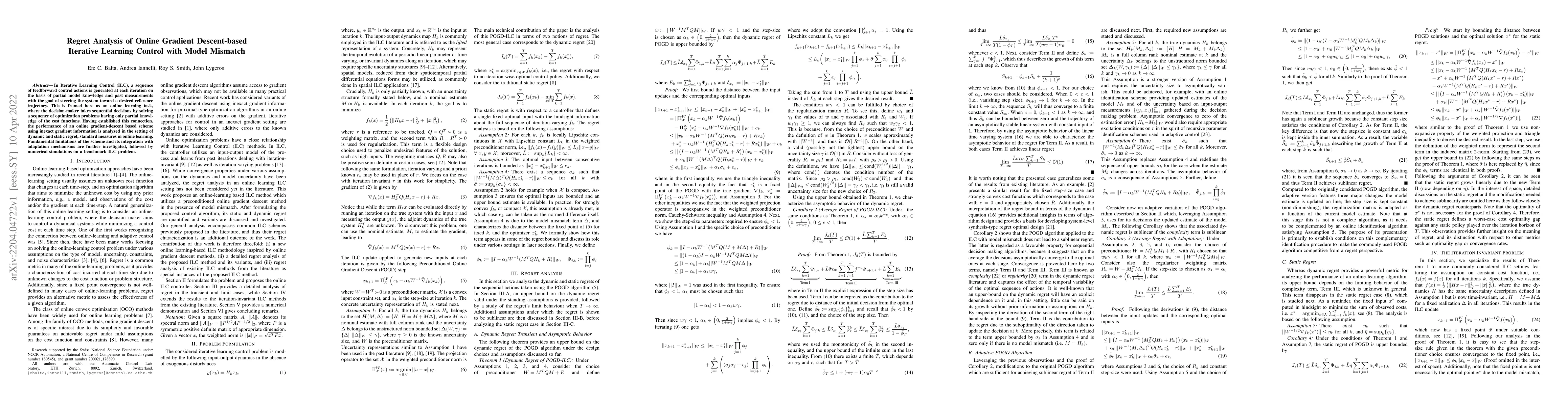 Thumbnail for Regret Analysis of Online Gradient Descent-based Iterative Learning
  Control with Model Mismatch