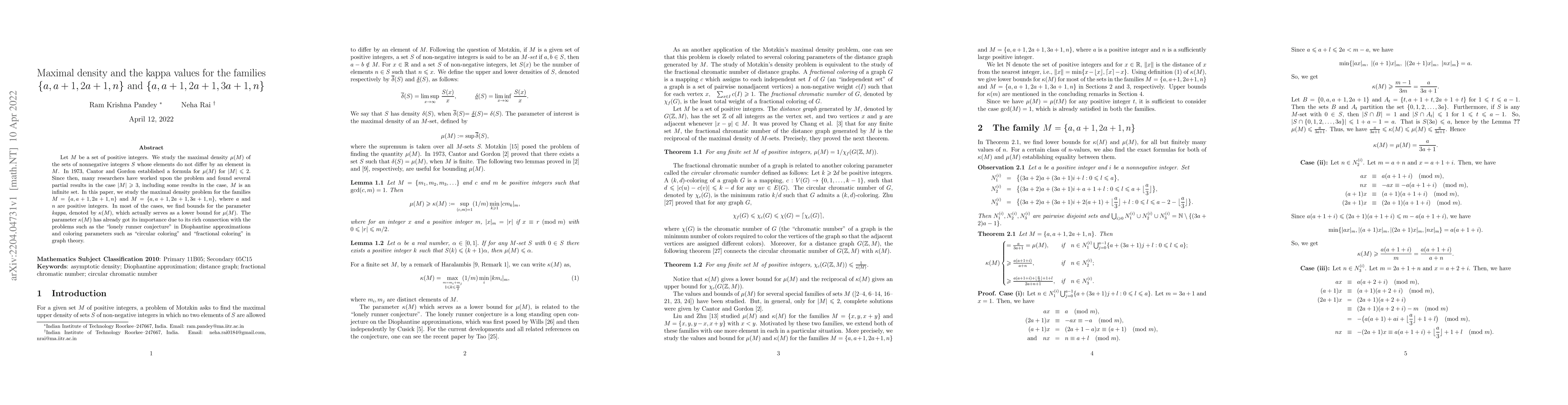 Thumbnail for Maximal density and the kappa values for the families $\{a,a+1,2a+1,n\}$
  and $\{a,a+1,2a+1,3a+1,n\}$