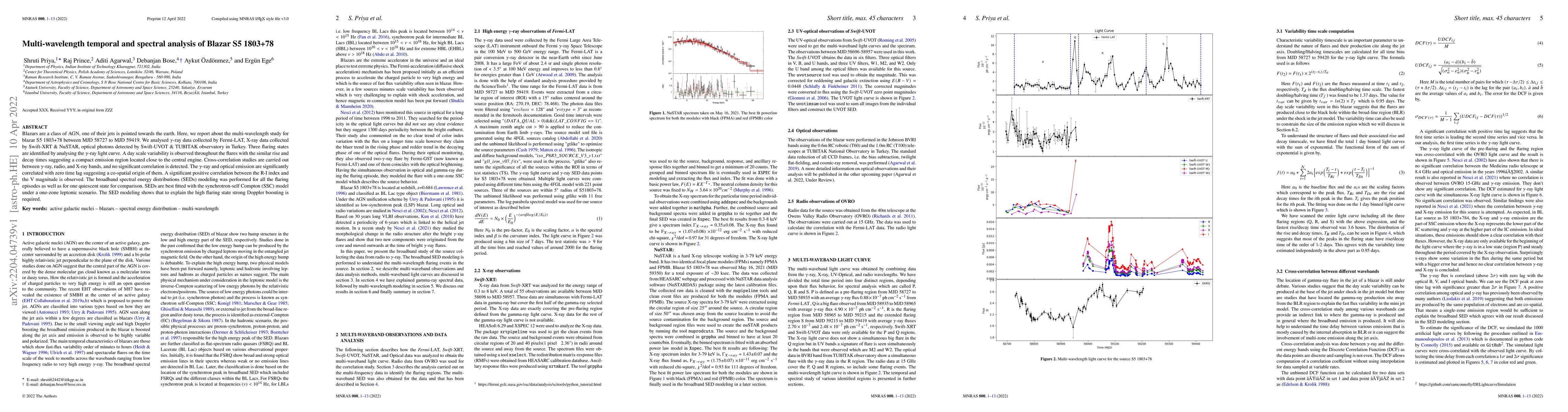 Thumbnail for Multi-wavelength temporal and spectral analysis of Blazar S5 1803+78
