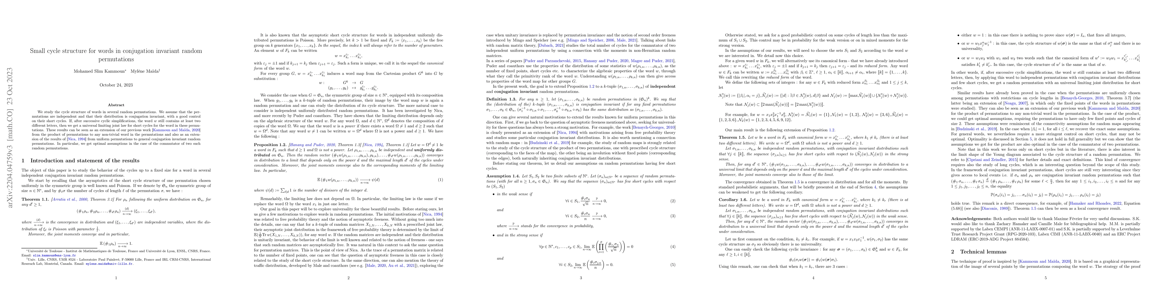 Thumbnail for Small cycle structure for words in conjugation invariant random
  permutations