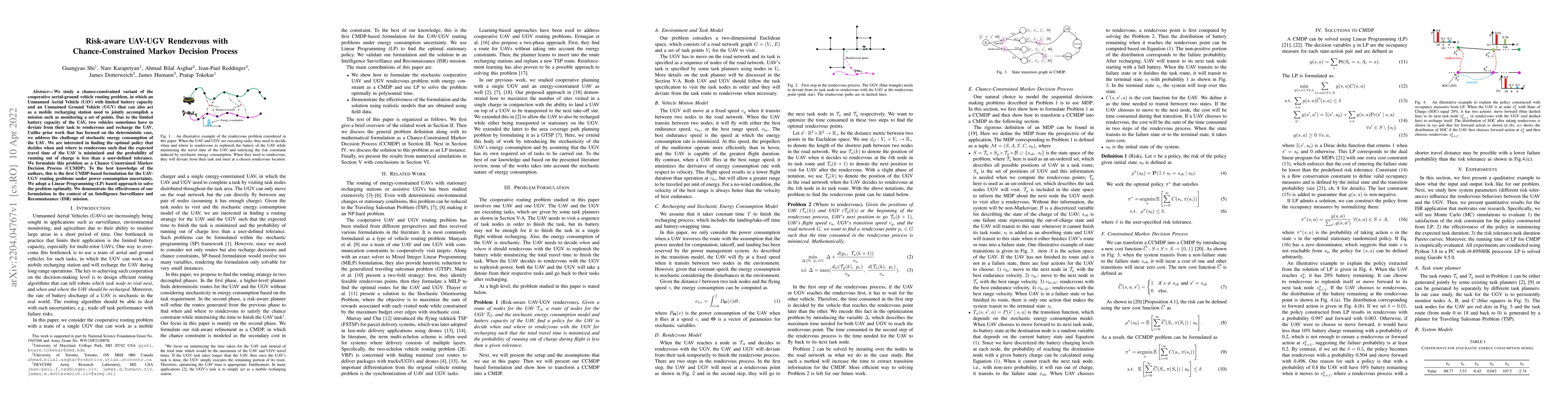 Thumbnail for Risk-aware UAV-UGV Rendezvous with Chance-Constrained Markov Decision
  Process