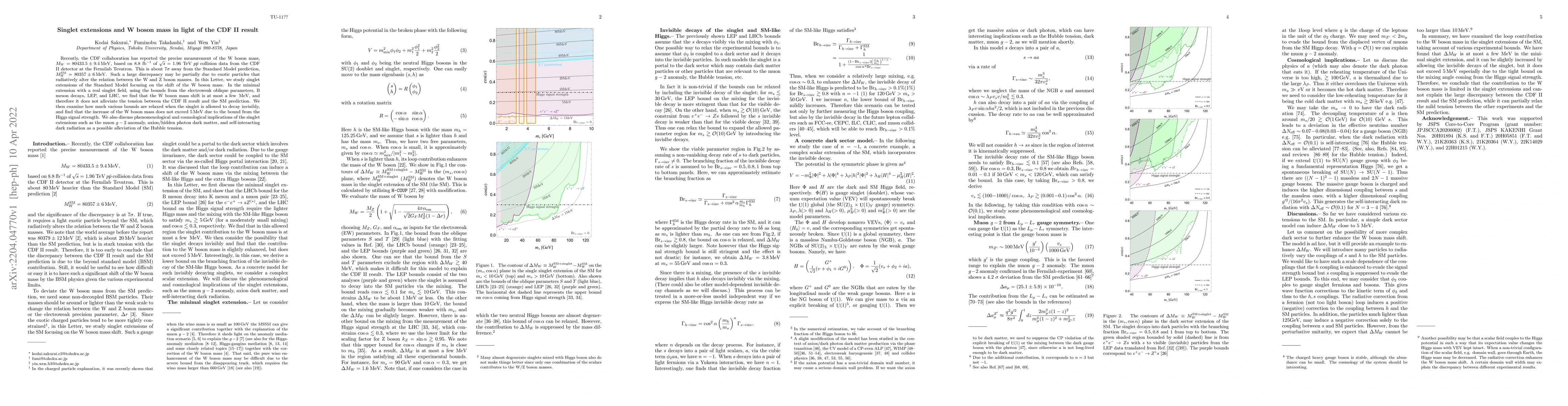 Thumbnail for Singlet extensions and W boson mass in the light of the CDF II result
