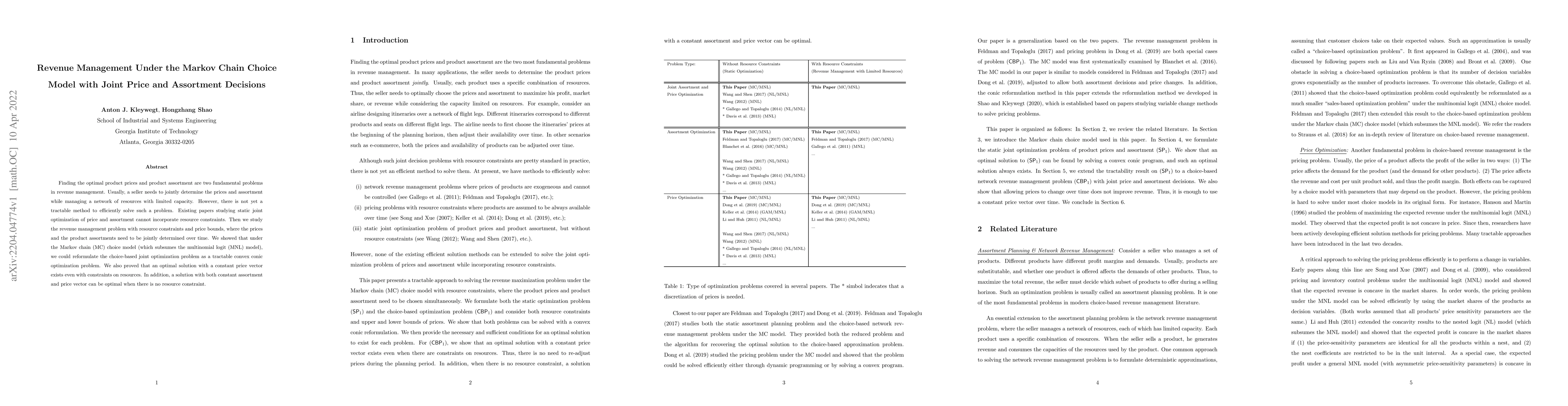 Thumbnail for Revenue Management Under the Markov Chain Choice Model with Joint Price
  and Assortment Decisions