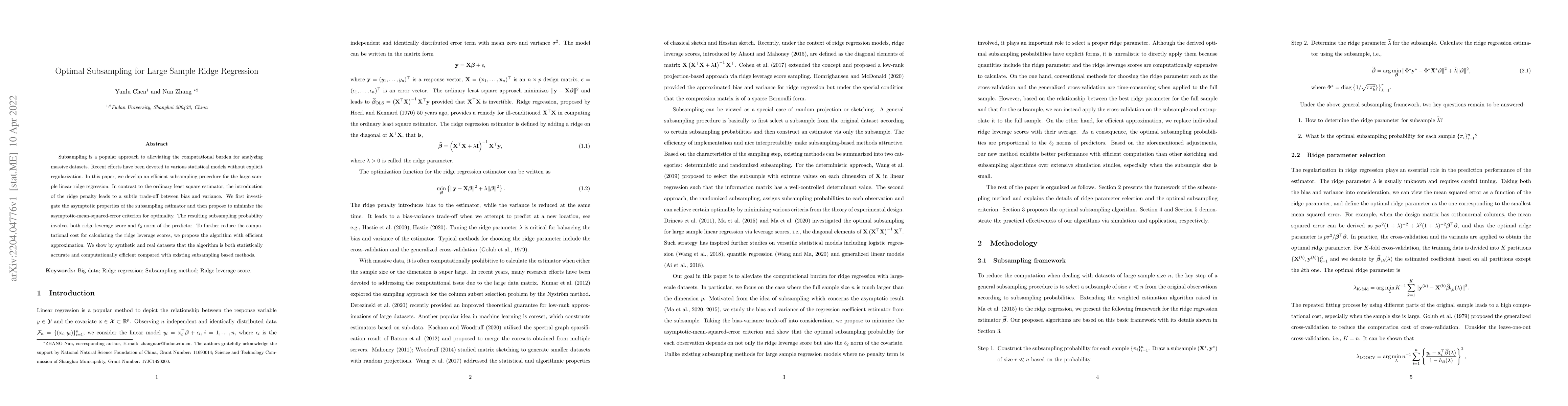 Thumbnail for Optimal Subsampling for Large Sample Ridge Regression
