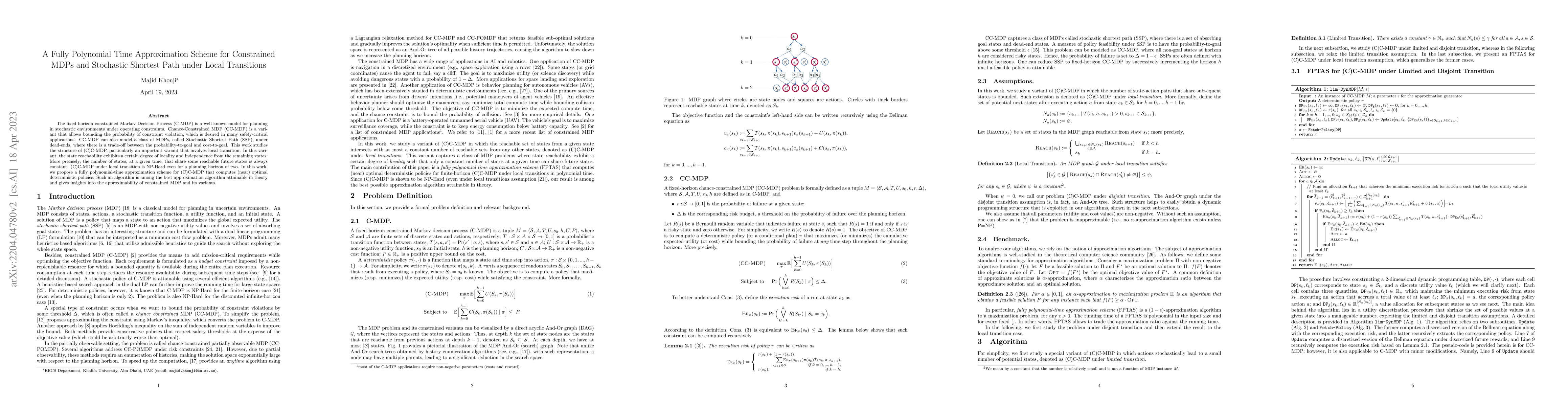 Thumbnail for A Fully Polynomial Time Approximation Scheme for Constrained MDPs and
  Stochastic Shortest Path under Local Transitions