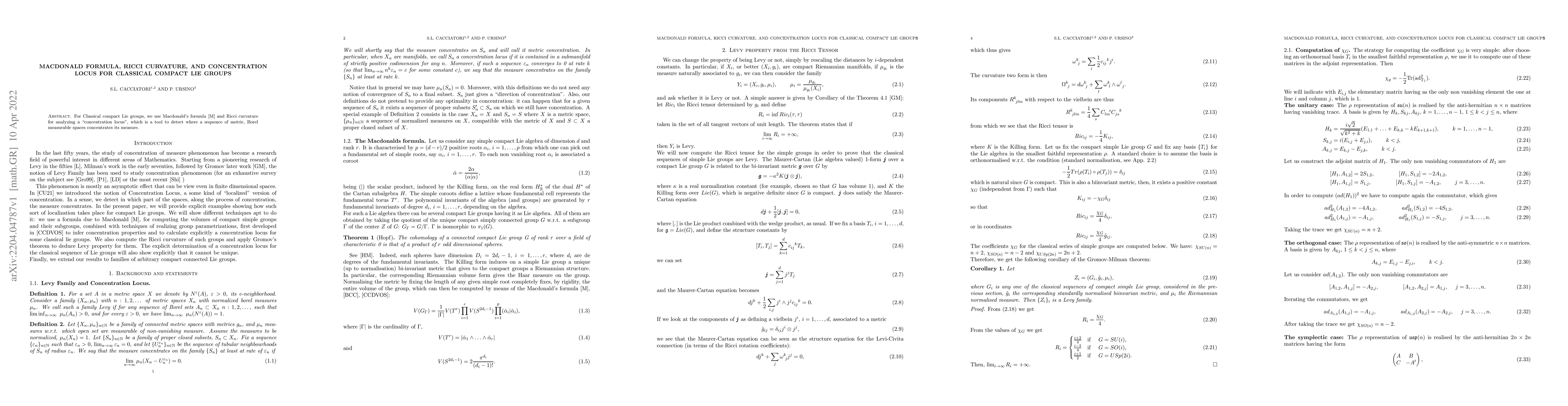 Thumbnail for Macdonald formula, Ricci Curvature, and Concentration Locus for
  classical compact Lie groups