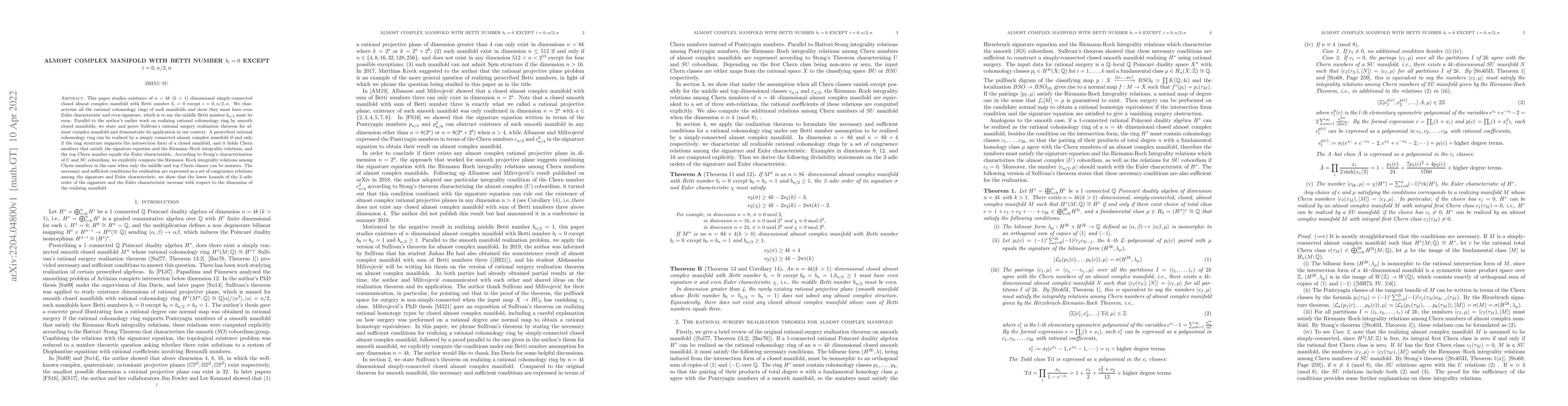Thumbnail for Almost complex manifold with Betti number $b_i=0$ except $i=0, n/2, n$