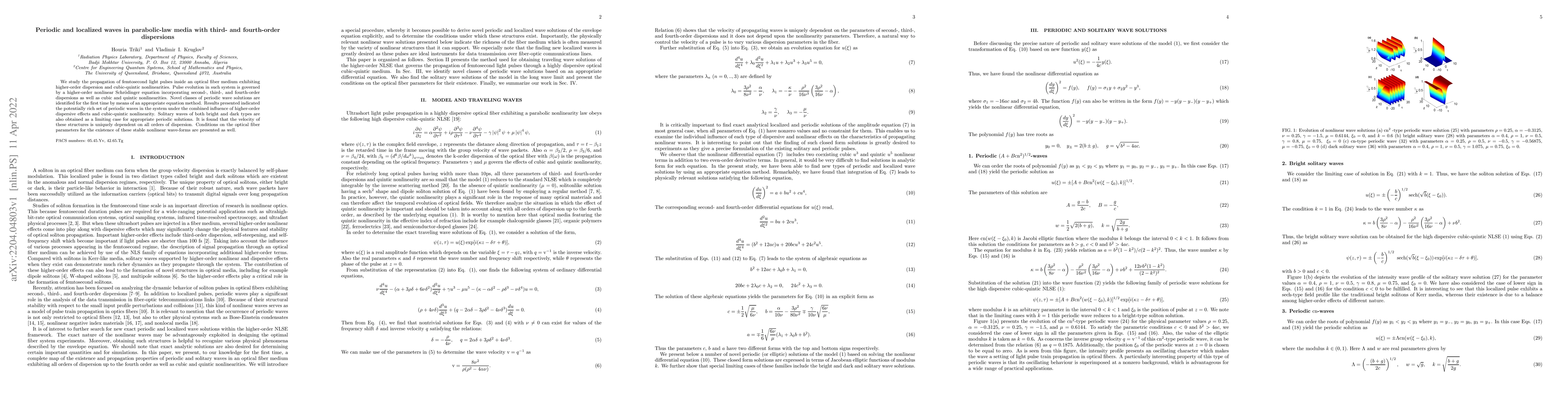 Thumbnail for Periodic and localized waves in parabolic-law media with third- and
  fourth-order dispersions