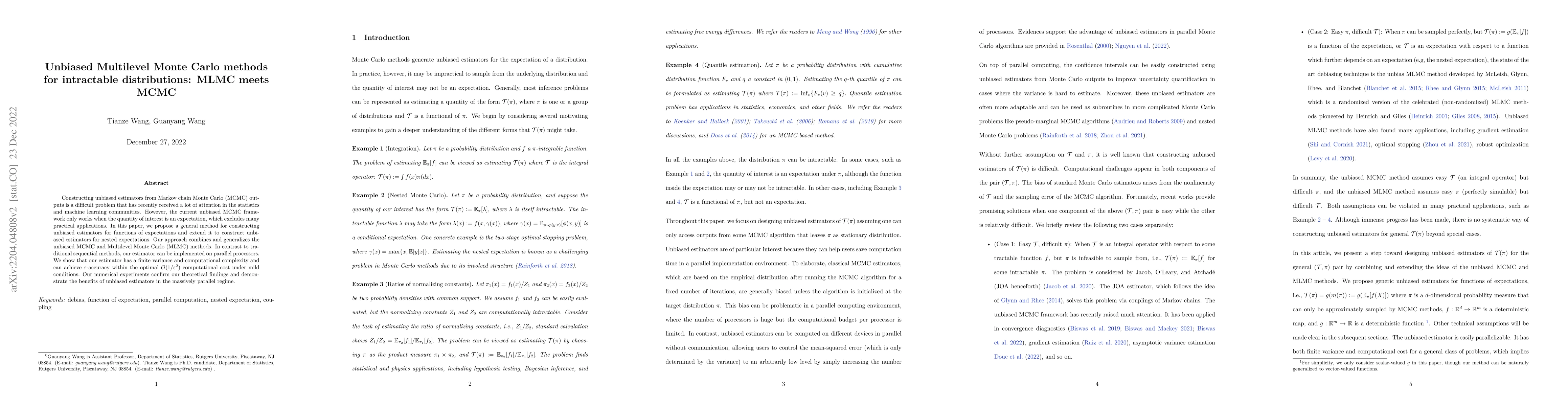 Thumbnail for Unbiased Multilevel Monte Carlo methods for intractable distributions:
  MLMC meets MCMC