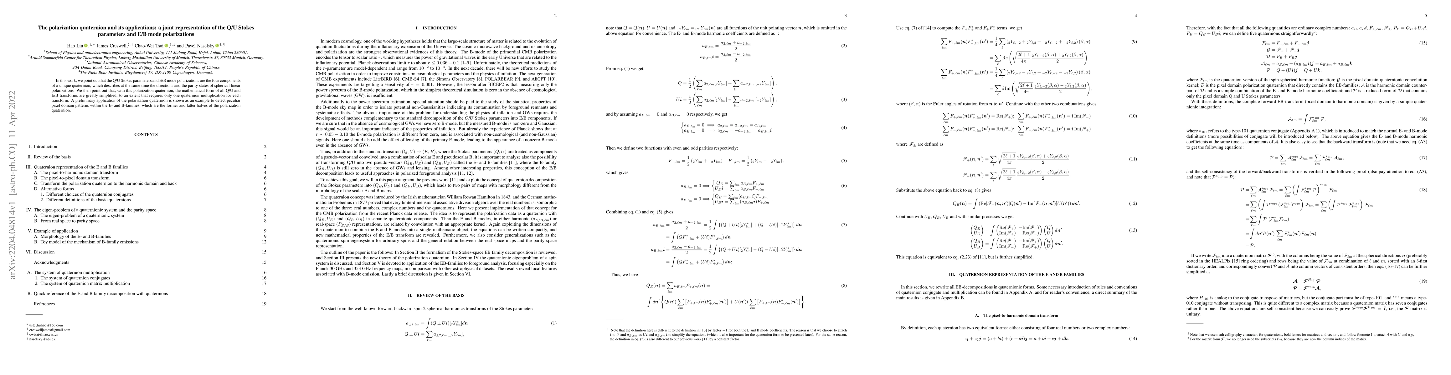 Thumbnail for The polarization quaternion and its applications: a joint representation
  of the Q/U Stokes parameters and E/B mode polarizations