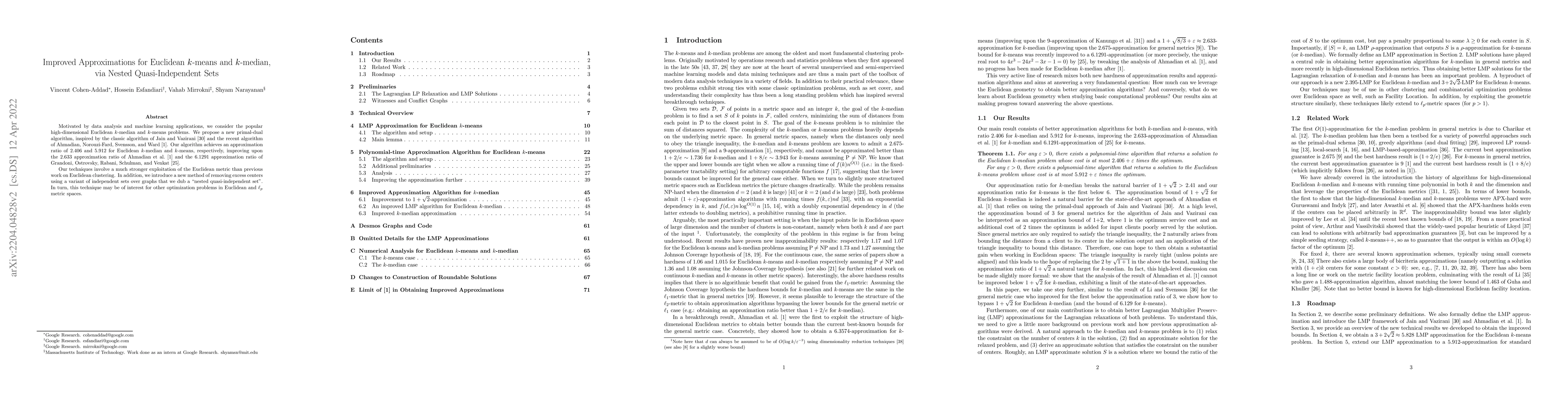 Thumbnail for Improved Approximations for Euclidean $k$-means and $k$-median, via
  Nested Quasi-Independent Sets